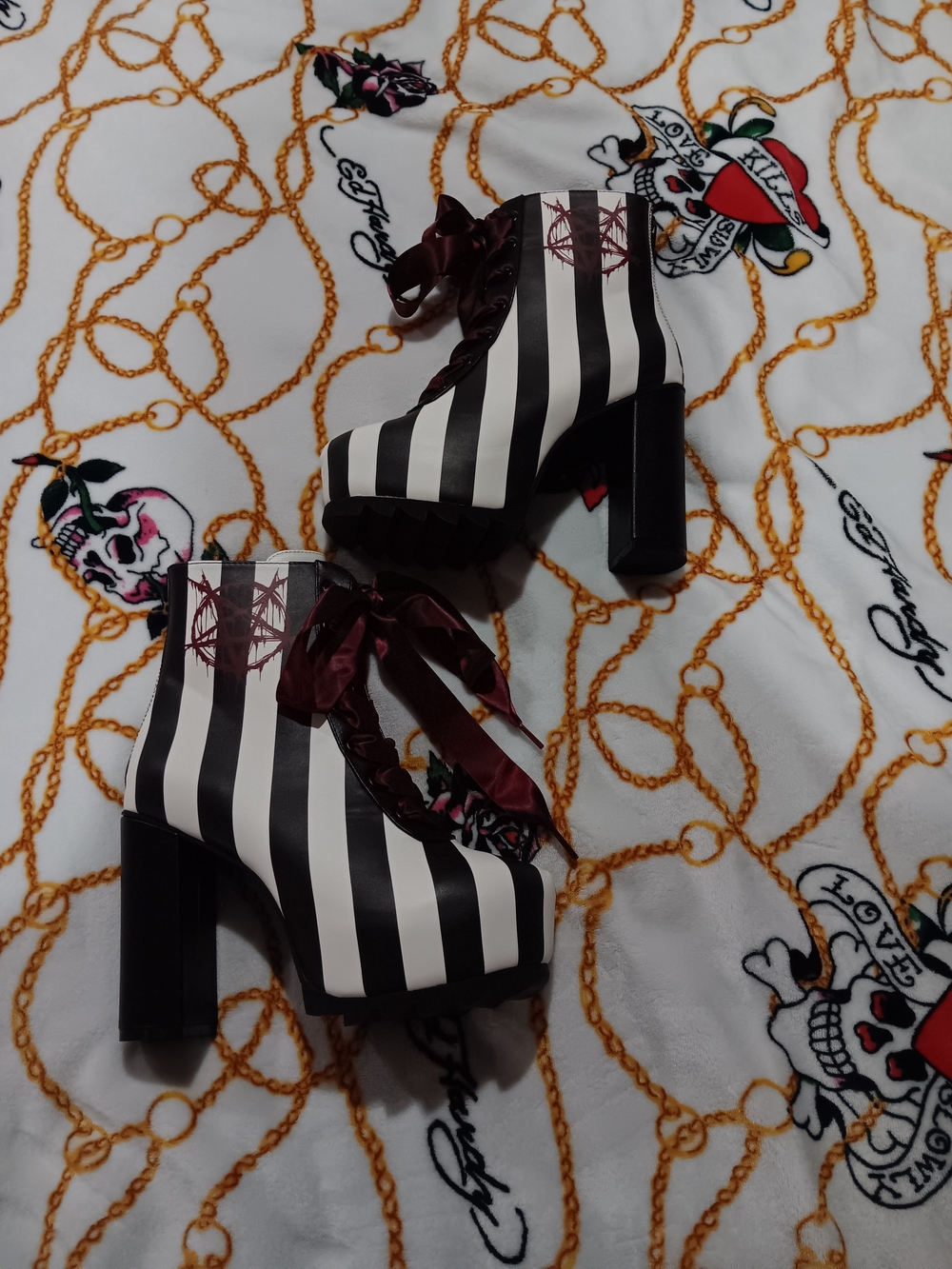 Killstar Black and White Striped Lace-Up Platform Heeled Boots